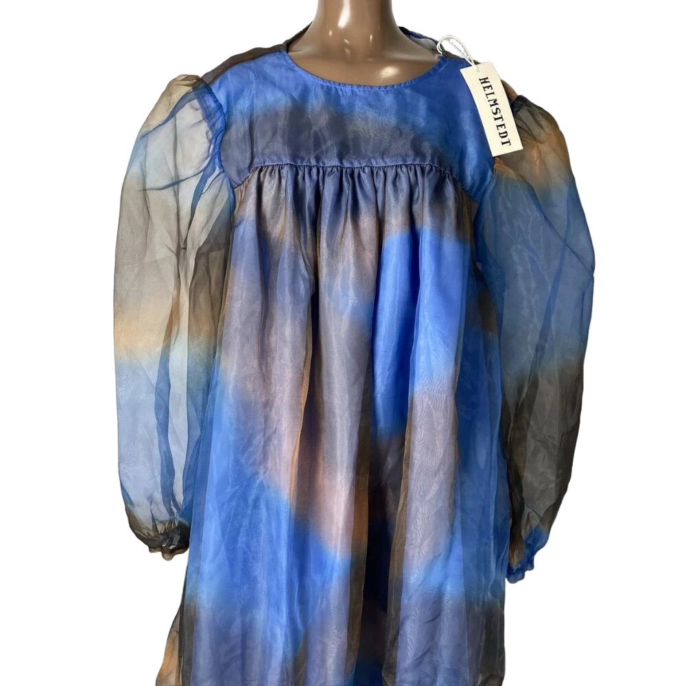 Helmstedt Women's Mini Dress Blue Moss Size L Elena Chiffon Babydoll Sheer